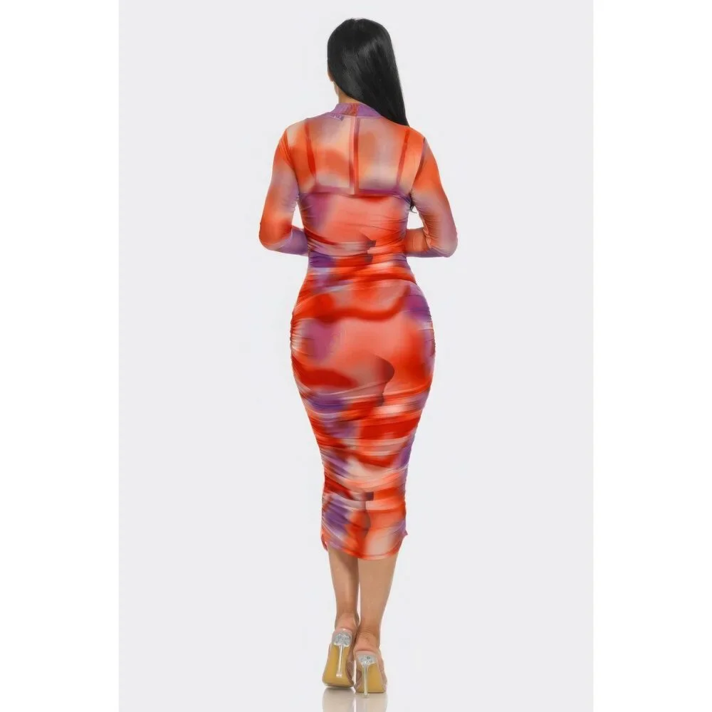 Summer Heat Print Mesh Ruched Midi Dress - Picture 3 of 3